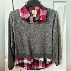 Pink Flannel/Gray Sweater 2 in 1 Top Size Small Excellent Condition